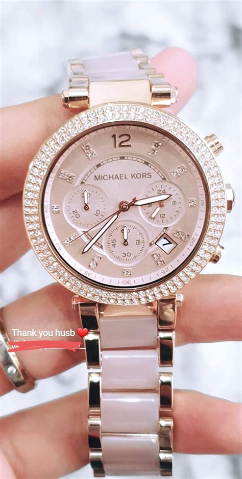 michael kors women's sawyer gold tone and blush acetate watch|Michael Kors parker rose watch.